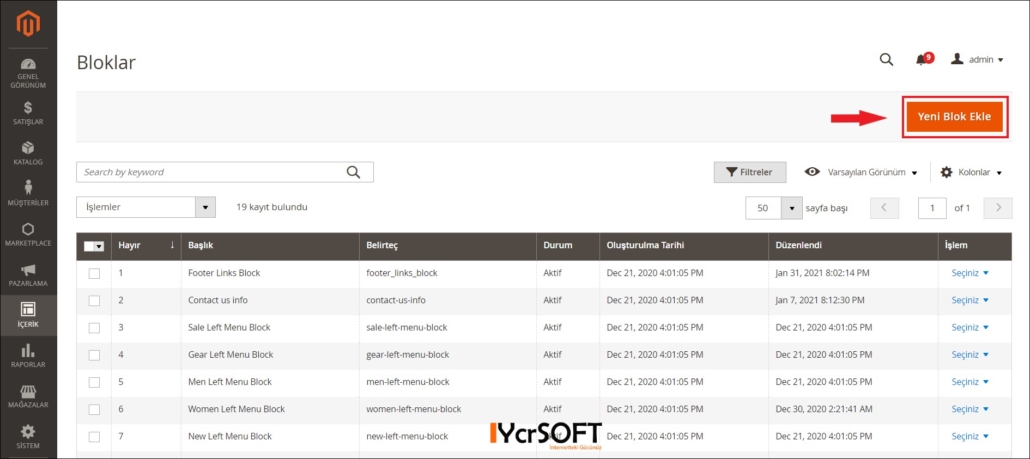 Magento yeni blok ekleme sayfasına gidiş