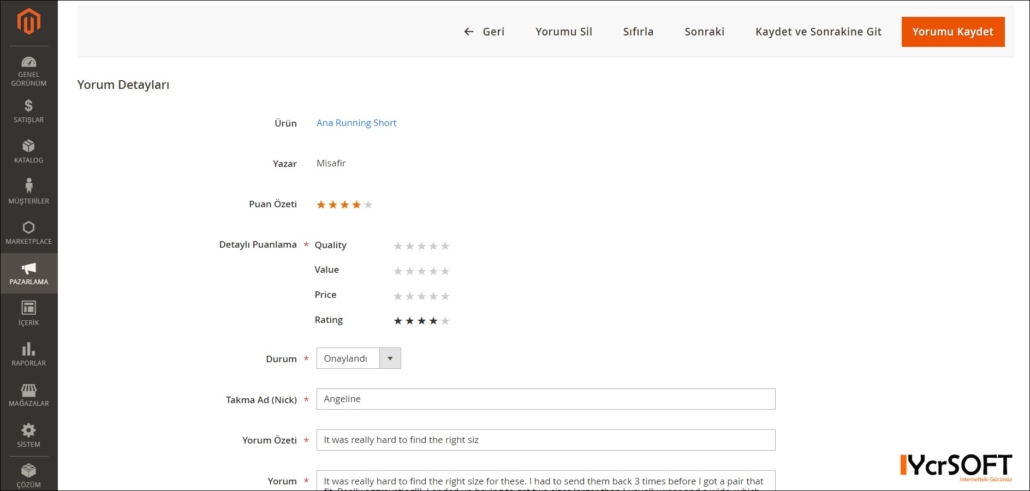 Magento yorumlar modülü yorum düzenleme sayfası